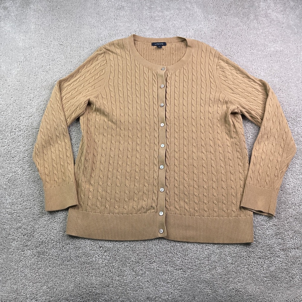 Lands End Cardigan Womens 1X Brown Cable Knit Button Front Cotton Prep Academia
